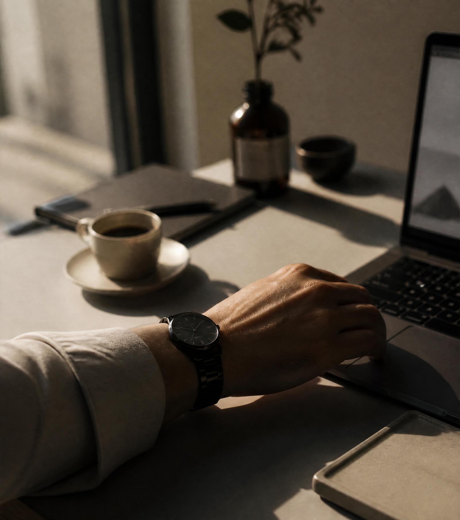 Ein ruhiger Morgen — Espresso, Notizen, die Royal Pop am Handgelenk.